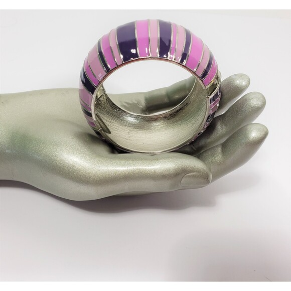 Pink Purple 1.5" Wide Clamper Bracelet Silver Tone Metal Chunky Domed Striped - Picture 2 of 9